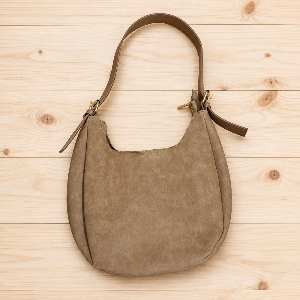 Fourth Studio Tan Faux Leather Hobo Shoulder Bag Adjustable Strap Zip Top [W]